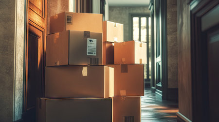 A stack of cardboard boxes neatly arranged in the hallway, waiting to be moved into a new home.の素材