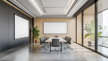A spacious D-rendered office meeting room with a clean whiteboard, modern furniture, and a bright ambiance.の素材