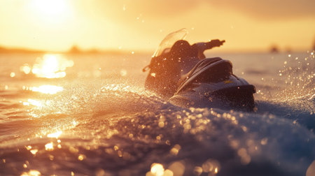 A jet ski cutting through crystal-clear water, leaving a dramatic spray and ripples under the golden hour light.の素材