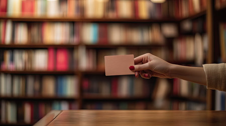 A hand presenting a gift card at a bookshop counter with shelves of books blurred in the backgroundの素材