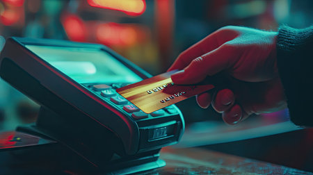 A hand holding a shiny credit card over a payment terminal in a retail store, ready to make a purchaseの素材