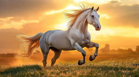A horse galloping across a grassy plain at sunrise, with golden sun flares illuminating the scene.の素材