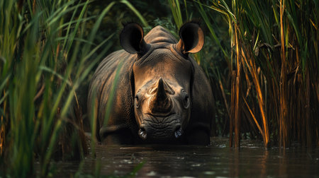 A Javan rhino standing among tall reeds, partially hidden by the vegetation.の素材