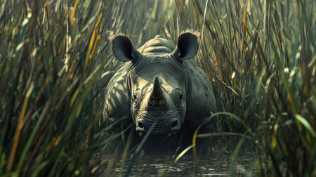 A Javan rhino standing among tall reeds, partially hidden by the vegetation.の素材
