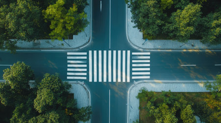 A freshly painted zebra crossing on a smooth asphalt road, captured from above.の素材