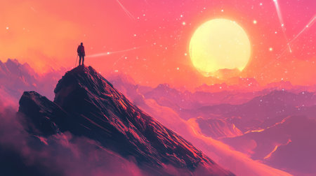 A hiker standing on a mountain peak, looking at a glowing horizon, surrounded by sun flares.の素材