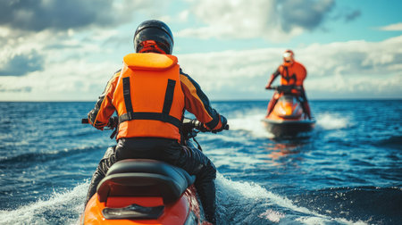 A jet ski instructor guiding a learner on open waters, with visible life vests and safety gear.の素材