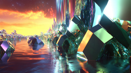 D hexagon shapes forming a futuristic landscape with metallic reflections and vibrant highlightsの素材