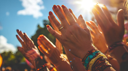 A group of diverse hands clapping together at an outdoor festival under a sunny skyの素材