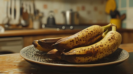 Overripe bananas with dark spots on a ceramic plate, with a blurred background of kitchen utensils and counterの素材