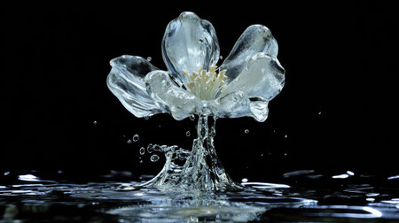 A creative water splash resembling a flower, frozen and isolated on a clear background.の素材