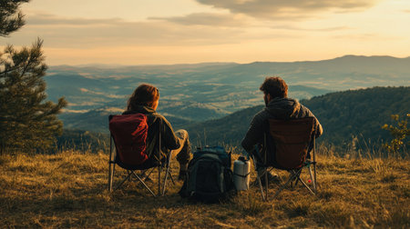 Two campers sitting on folding chairs on a hilltop, with hiking gear and a stunning view in the distanceの素材