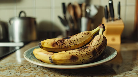 Overripe bananas with dark spots on a ceramic plate, with a blurred background of kitchen utensils and counterの素材