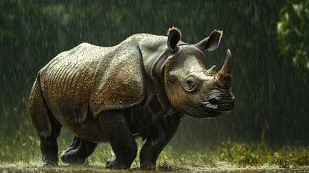 A dramatic photo of a Javan rhino in the rain, with water droplets glistening on its thick skin.の素材