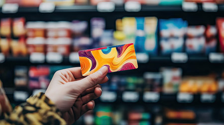 A hand holding a store gift card with a vibrant logo in front of shelves stocked with productsの素材