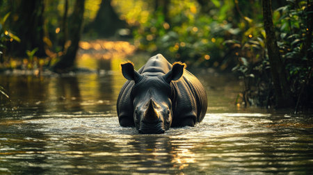 A Javan rhino wading through shallow water in a rainforest stream, creating gentle ripples.の素材