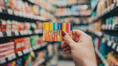 A hand holding a store gift card with a vibrant logo in front of shelves stocked with productsの素材