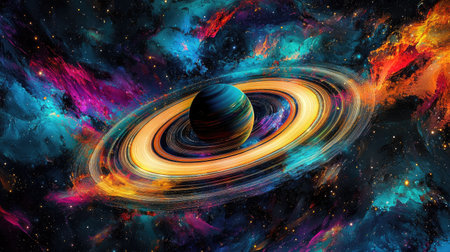 Vibrant lens flare rings and streaks radiating from a central point, set against a colorful galactic swirlの素材