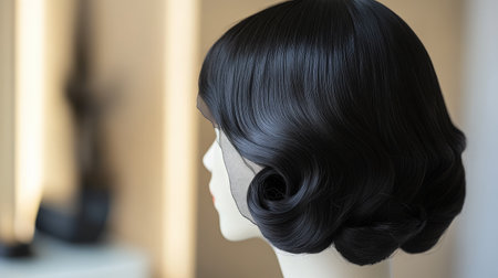 A high-quality lace-front wig in black on a white mannequin head, detailed stitching visible.の素材