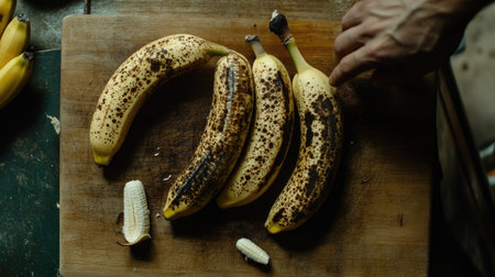 Overripe bananas with dark spots on a wooden cutting board, with a hand reaching to peel oneの素材