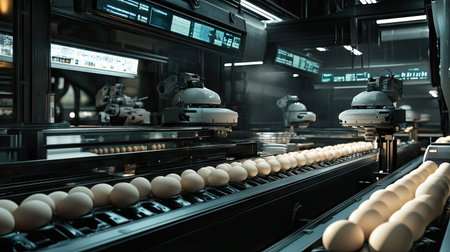 A futuristic egg-processing facility with advanced robotic systems managing sorting and packaging.の素材