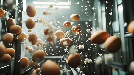 A high-speed conveyor system sorting eggs by size in a sterile factory environment.の素材