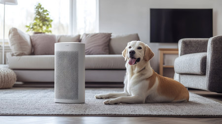 A pet-friendly home with an air purifier ensuring clean and allergen-free air.の素材