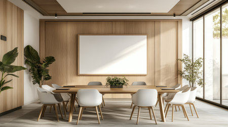 A simple yet elegant office meeting room with a clean whiteboard, natural wood elements, and stylish decor.の素材