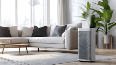 A sleek air purifier placed in a modern living room, filtering clean air for a fresh environment.の素材