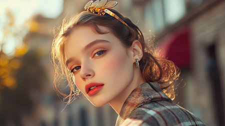 A stylish young woman with a bold hair clip in her hair, capturing a fashion-forward, modern look.の素材