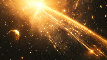 Realistic lens flares in golden and orange tones, with light streaks spreading across a dark cosmic backgroundの素材