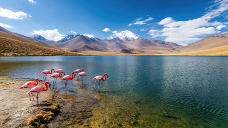 A peaceful nature scene with flamingos resting near a crystal-clear lake, with mountains in the background.の素材