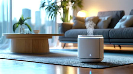 A smart air purifier with an LED indicator light in a tech-inspired living space.の素材