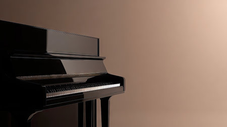 A sleek black upright piano standing alone against a neutral backdrop, its polished keys glistening under soft lighting.の素材