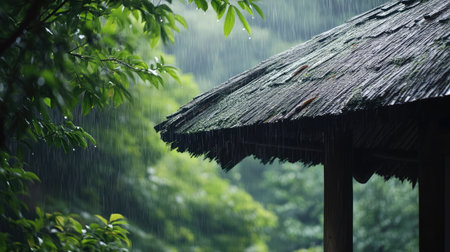 A peaceful scene of rain falling from a thatched roof, surrounded by lush greenery.の素材