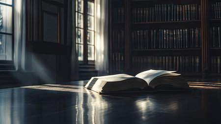 A university study desk with an open book, its reflection adding depth to the scene.の素材
