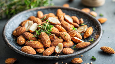 A plate of roasted organic almonds with a handful of fresh herbs, emphasizing their natural, wholesome qualities.の素材