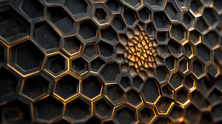 Abstract D hexagonal pattern with illuminated edges, showcasing a digital and modern designの素材