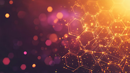 Abstract honeycomb pattern with highlighted hexagons symbolizing data flow and innovationの素材
