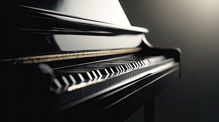 A sleek black upright piano standing alone against a neutral backdrop, its polished keys glistening under soft lighting.の素材