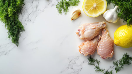 Raw chicken wings resting on a white marble surface with fresh dill, garlic cloves, and lemon halves nearby.の素材