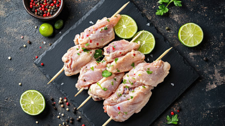 Raw chicken wings skewered and ready for grilling, resting on a black slate board with lime slices.の素材