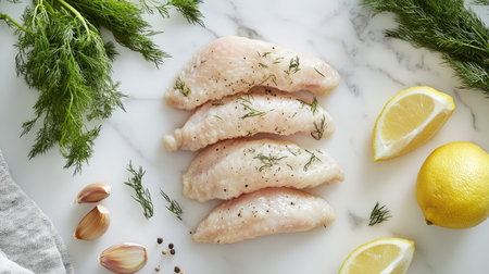 Raw chicken wings resting on a white marble surface with fresh dill, garlic cloves, and lemon halves nearby.の素材