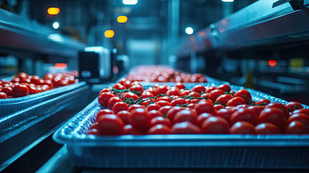 Rows of automated labeling machines printing on plastic trays filled with fresh red tomatoesの素材