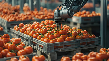 Pallets loaded with plastic trays of tomatoes under a robotic arm ready for shipment in a factoryの素材