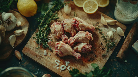 Raw chicken wings on a wooden cutting board, surrounded by fresh herbs, garlic cloves, and lemon slices in a rustic kitchen setting.の素材