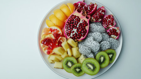 Assorted fresh fruits, including dragon fruit, pomegranate seeds, and sliced kiwi, displayed on a round white plateの素材
