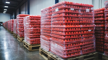 Stacks of plastic trays filled with ripe, shiny tomatoes on pallets ready for distribution in a food facilityの素材