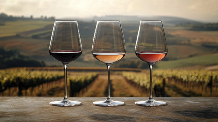 Three wine glasses side by side, each filled with a different type of wine, set against a vineyard backdropの素材
