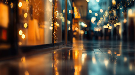 An abstract shot of blurred boutique storefronts glowing with ambient light in a posh shopping mallの素材